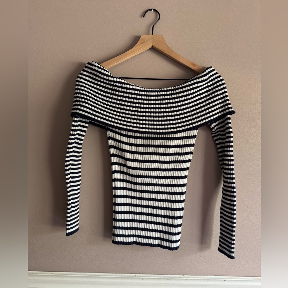 Y2K Sweater Off the Shoulder Blue White Stripe Stretch Juniors Womens XL Navy